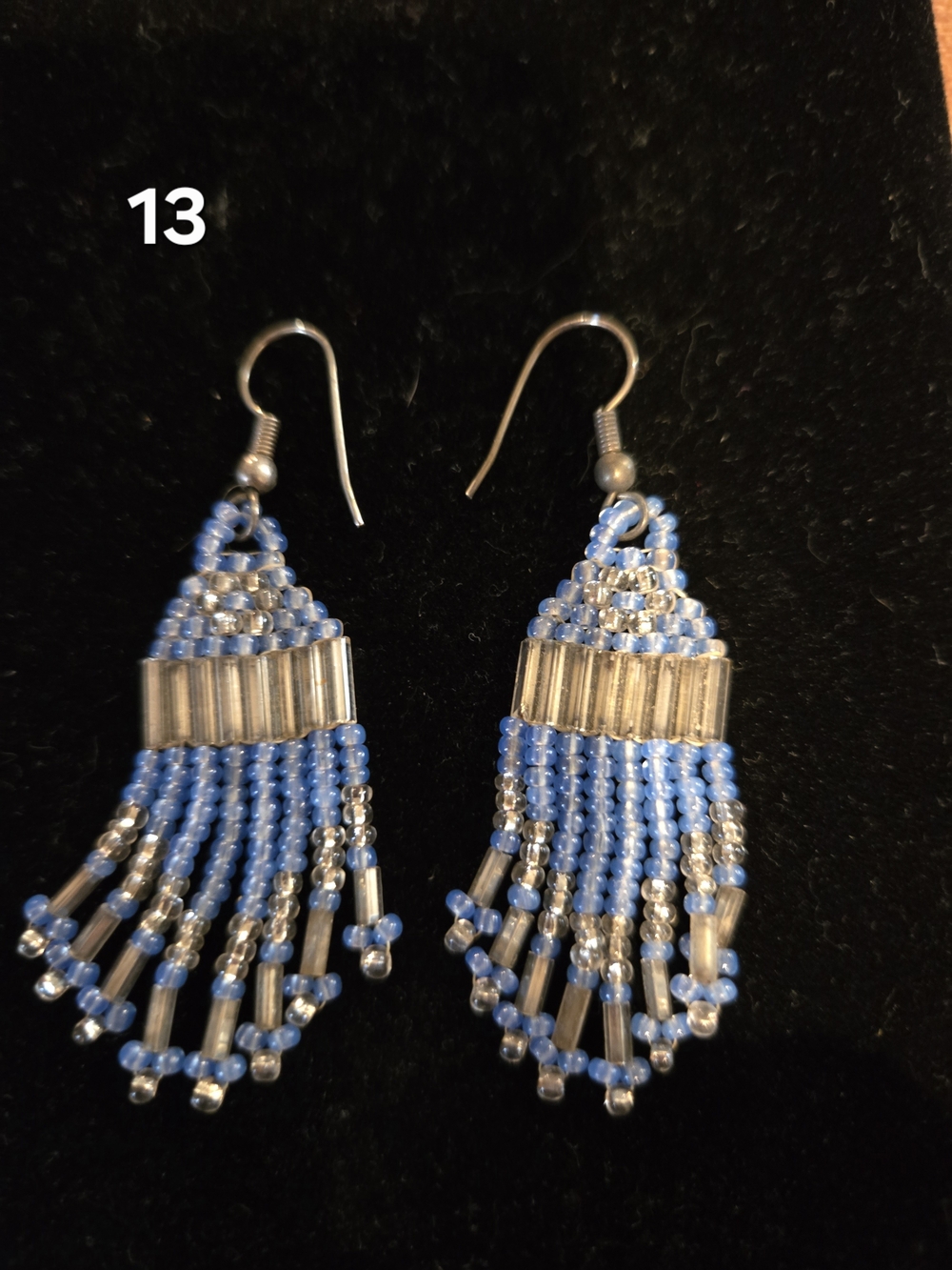 Handmade Blue Beaded Fringe Earrings